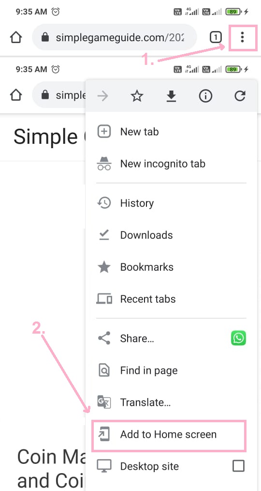 Coin Master Spin page Android add to home screen